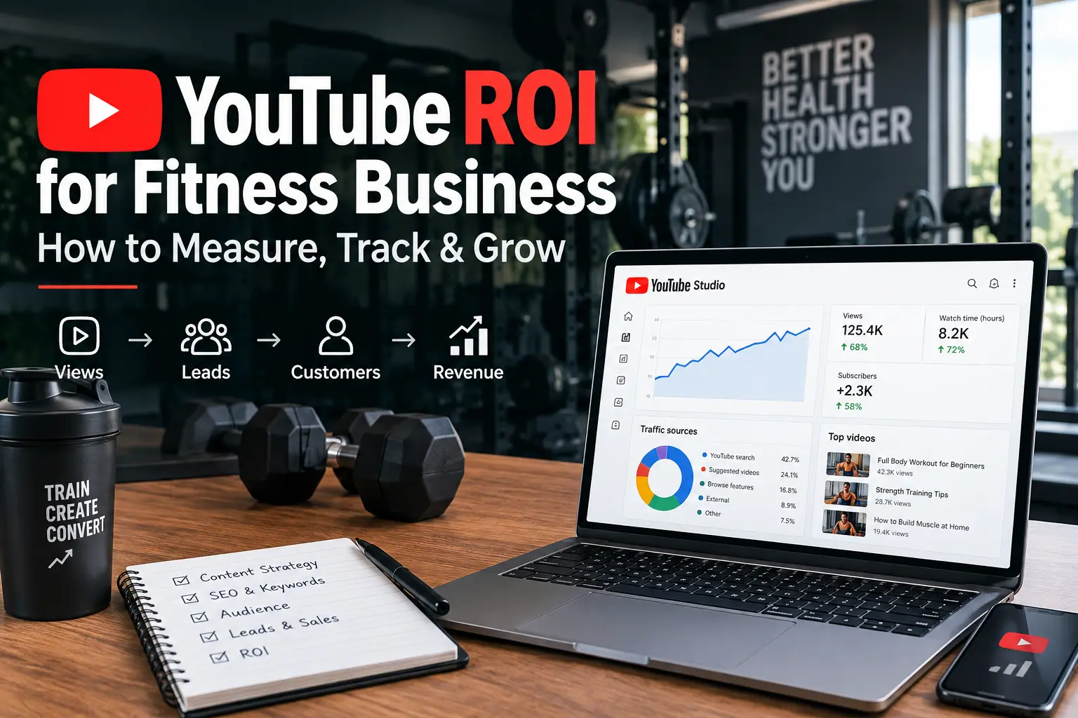 Fitness YouTube ROI funnel showing views, website visits, leads, customers, and revenue