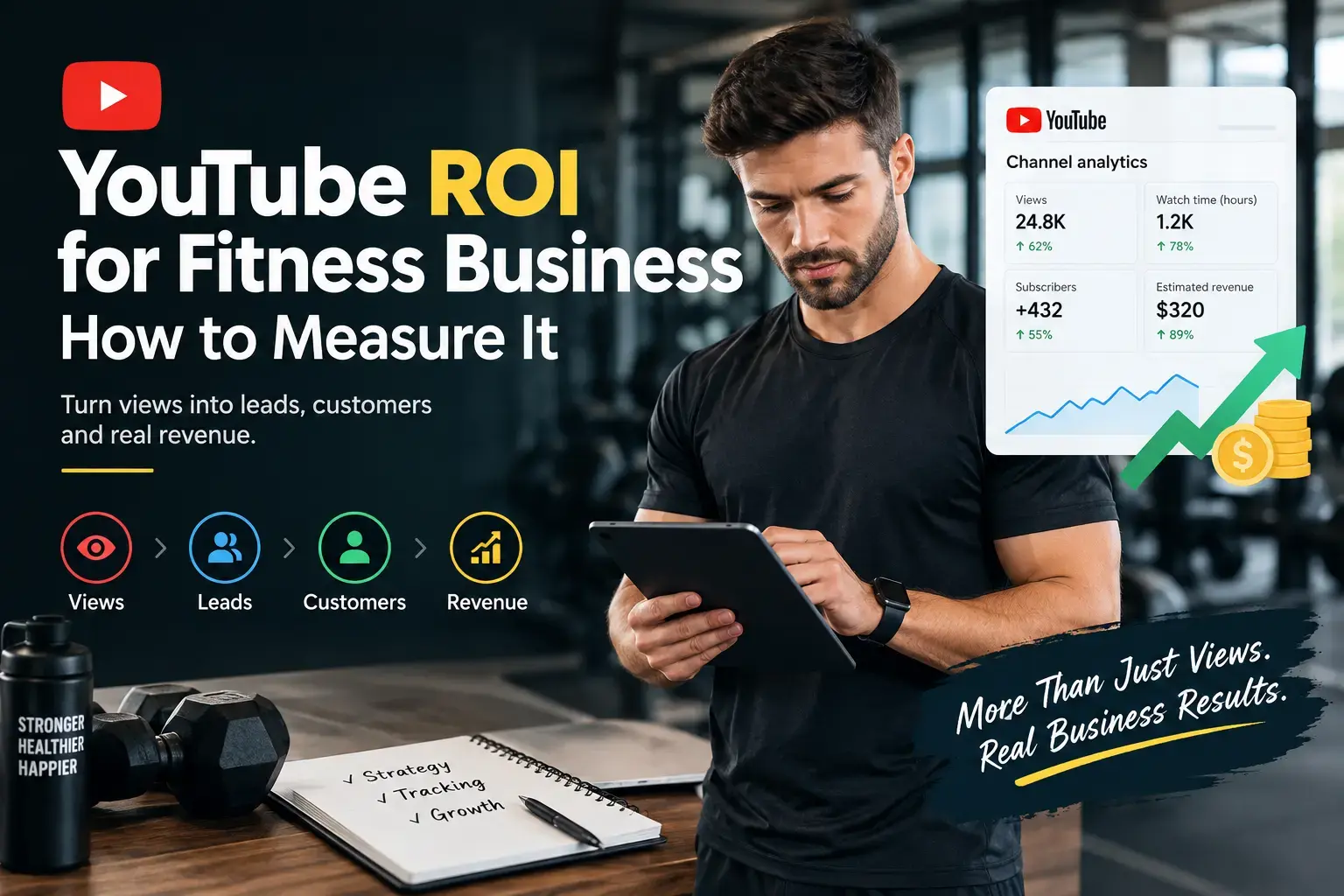 YouTube ROI for fitness business showing views, leads, customers, and revenue