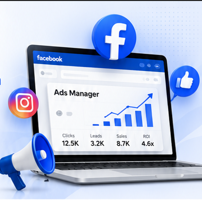 Facebook Ads dashboard showing campaign performance and business growth metrics.