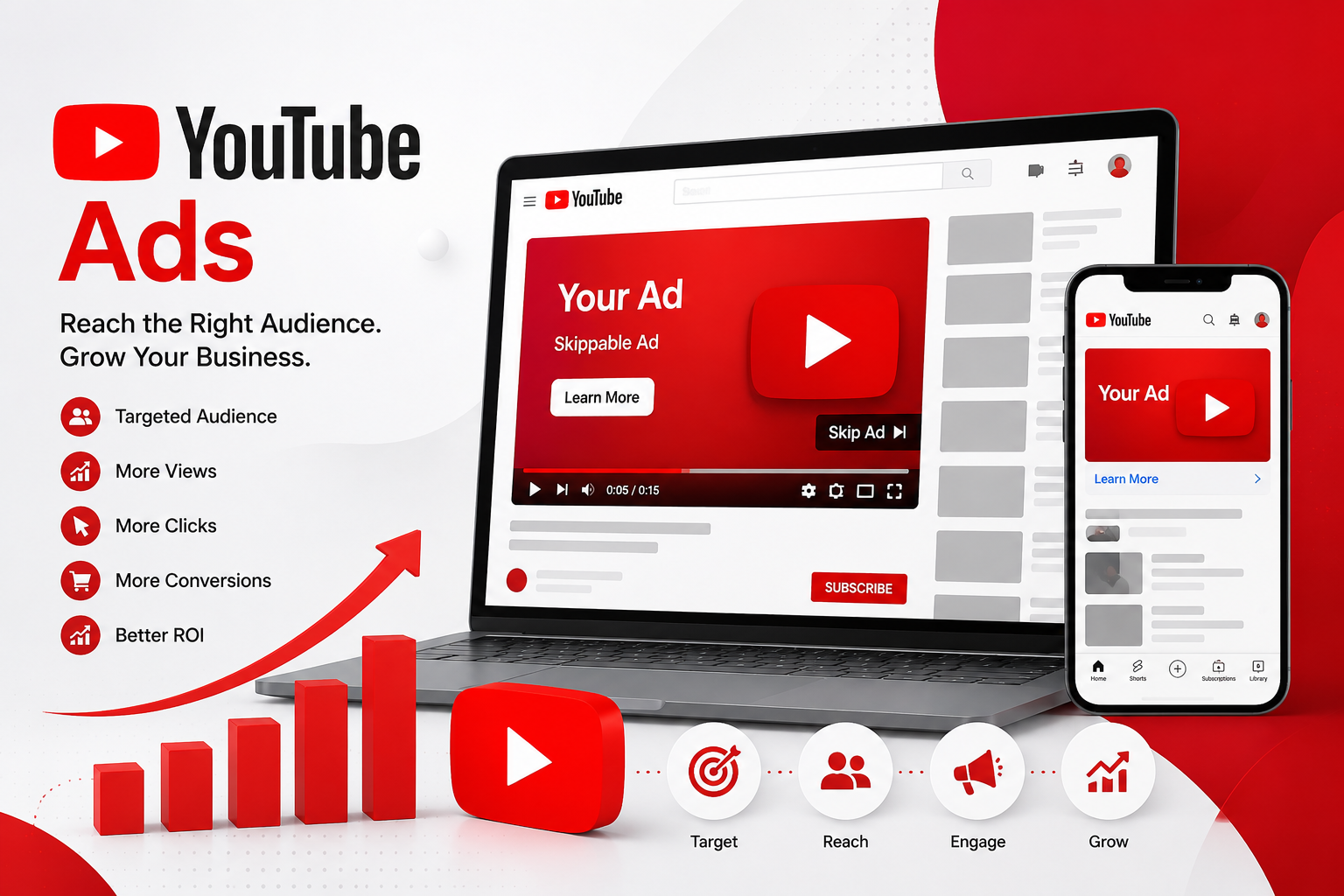 Professional YouTube Ads service illustration showing targeted advertising, audience reach, conversions, and business growth through video marketing campaigns.