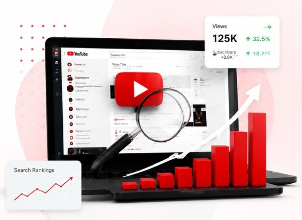 Professional YouTube SEO services banner showing video ranking growth, channel optimization, watch time improvement, and subscriber growth strategy.