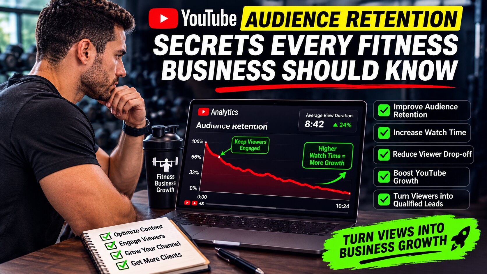 Fitness business owner analyzing YouTube audience retention