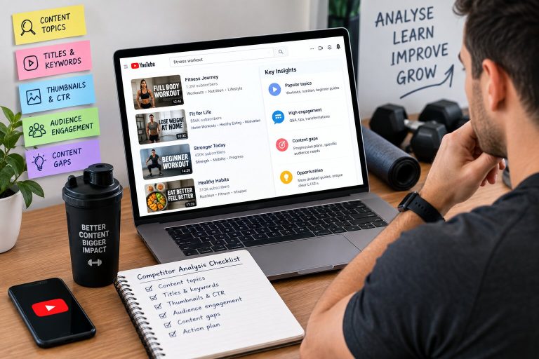 Fitness YouTube competitor analysis showing a creator researching competitor channels, content topics, keywords, thumbnails, audience engagement, and content gaps.